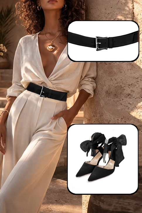 Dress closed-toe heels ankle scarf in matt black leather with high slim heels and pointed toe - Top view